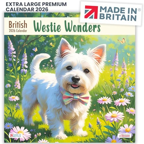 ALLTRADE Kalender 2026 Westie Wonders Monatsansicht große Wand 2026 Kalender UK Feiertage Tolles Geschenk für Mutter, Vater, Kollegen, Freunde und Familie, hergestellt in Großbritannien auf