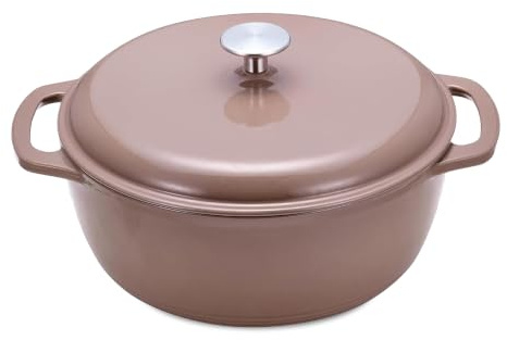 Amazon Basics Schmortopf Rund aus Emailliertem Gusseisen mit Deckel, 4,1 L, Lehmfarben