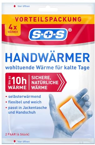 SOS Handwärmer 2 Paar (4 Stück) – Einweg-Wärmepads für bis zu 10 Stunden Wärme – Flexibel und weich – Ideal für Spaziergänge, Sport und kalte Tage – Passt in Jackentasche & Handschuh