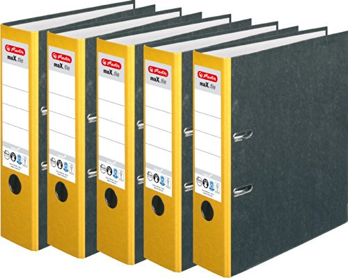 HERLITZ Ordner maX.file nature A4 Wolkenmarmorbezug selbstklebendes Rückenschild | 5er Sparpack in diversen Farben zur Auswahl (8cm breit | 5er Pack, gelb)