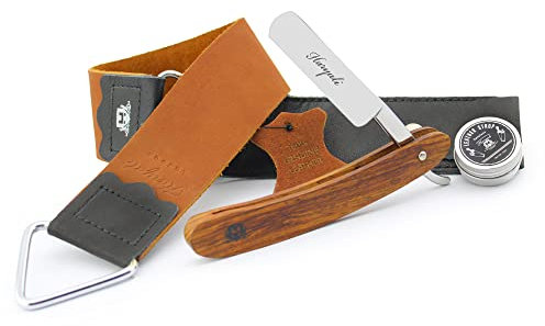 Haryali London Cut Throat Razor Kit - 3 Pcs Wooden Straight Razor - Maroon Leather Strop - Wet Shaving Kit
