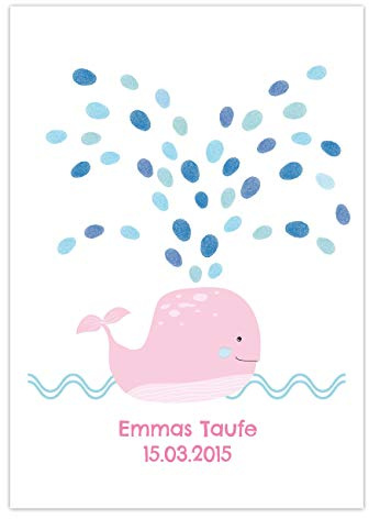 Papierdrachen Fingerabdruck Gästebuch für Mädchen - DIN A4 Walfisch rosa - personalisiert mit Namen, Datum und Taufspruch für Deine Taufe, Geburtstagsfeier und Babyparty - inklusive Stempelkissen