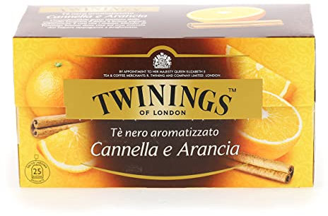 Twinings Tè Nero - Orange & Cinnamon - Inconfondibile Gusto Speziato della Cannella incontra il Dolce e Brioso Sapore dell'Arancia - Miscela dal sapore Appagante e Profumato (25 Bustine)