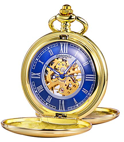 TREEWETO Taschenuhr mit Kette Herren Mechanisch Gold Blau Zifferblatt | Handaufzug Aufziehbar, Glatt Beidseitig aufklappbare Sprungdeckel, römische Ziffern, Analog, Retro Modisch aus, Steampunk