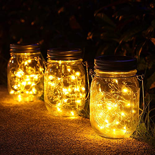 3 Pièces Solaire Lumière Jardin,30 Led Lanterne Solaire Suspendu Exterieur,Imperméable à l'eau Mason Jar Lampes,Luminaires décoration pour Jardin,Noel,Cour, Mariage, Fête.