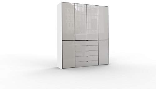 WIEMANN Montreal Kleiderschrank, Schlafzimmerschrank, Drehtürenschrank, mit Schubladen, Breite 200 cm, 4 türig, weiß, Glas Kieselgrau, Griffe schwarz, B/H/T 200x236x58 cm