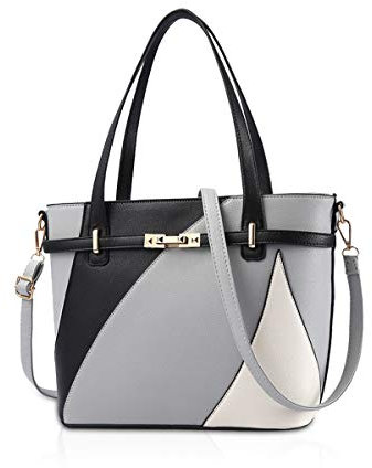 NICOLE & DORIS Damen-Handtaschen mit Tragegriff oben, strukturiertes Leder, Umhängetasche, Designer-Tasche, schick, mit Metall-Finish, Schultergurt, grau, Large