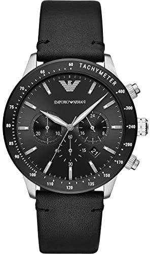 Emporio Armani Herren Quartz Armbanduhr, 43.00mm GehäusegröÃŸe mit schwarz analog Zifferblatt und schwarz Lederarmband Armband AR11243