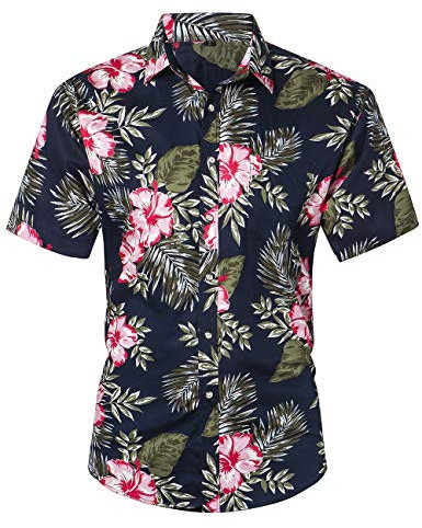 JEETOO Homme Chemise Hawaienne Casual Manches Courtes à Fleurs Été (Fleur Rose, XX-Large)