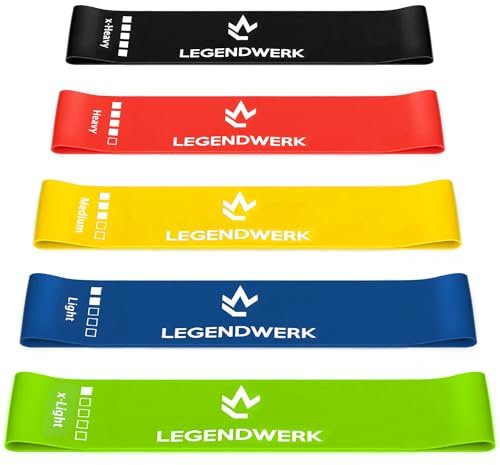 Legendwerk® 5er Set Resistance Hip Bands - Premium Fitnessband in verschiedenen Stärken - Widerstandsbänder für Fitness, Workout und Reha - Bunte Loops (blau. gelb. schwarz. rot. grün)