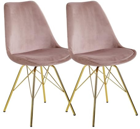 Wohnling Esszimmerstuhl 2er Set Samt Rosa Küchenstuhl mit goldenen Beinen, Schalenstuhl Skandinavisches Design, Polsterstuhl mit Stoffbezug, Stuhl Gepolstert