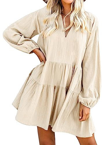 FANCYINN Damen Rüschen Glockenärmel Etuikleid Babydoll Leinen Casual Minikleid mit Taschen Langarm Aprikose L