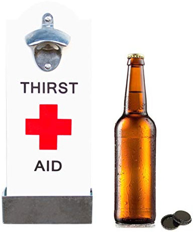 Retro White Thirst Aid Beer Bottle Opener, Wall Mounted, Integrated Bottle Cap Catcher Storage, Display Accessory Piece for Man Cave, Game Room, Kitchen, Dining Room