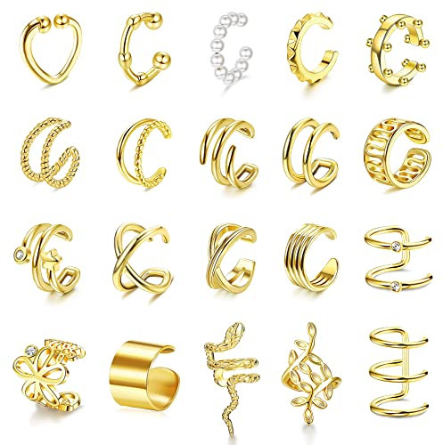 YADOCA 20PCS Ear Cuff Set Damen Ohrmanschette Earcuffs Helix Knorpel Clip auf Wickelohrring Fakepircings Ohr Cuffs Ohrklemme Gold/Silber Ohrpiercing Set