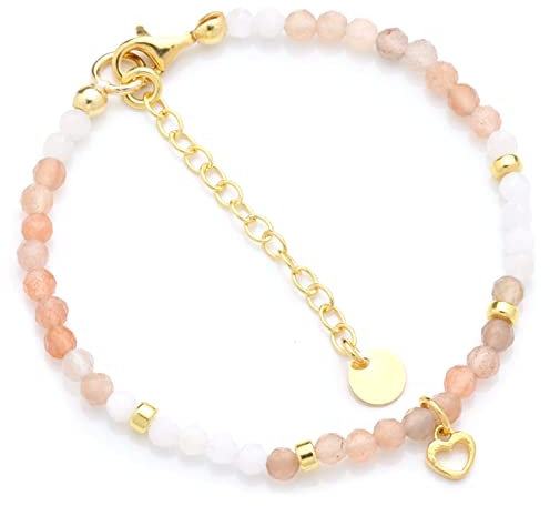 Filigranes Armband Damen Mond- und Sonnenstein mit kleinem Herz Silber oder vergoldet, perfektes Geschenk (weiß/rosè)