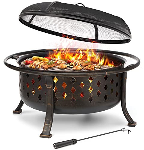 SINGLYFIRE 36 Inch Fire Pits for Outside Large Outdoor Wood Burning Crossweave firepit Heavy Duty Steel Bronze Bonfire Pit for Patio Backyard Garden with BBQ Grate,Spark Screen,Log Grate,Poker