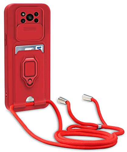 yanasuo Protección de Cámara Funda Compatible con Xiaomi Poco X3 NFC/Poco X3 Pro, con Anillo Soporte, Ajustable Collar Correa de Cuello Cordón Carcasa de Silicona-Rojo