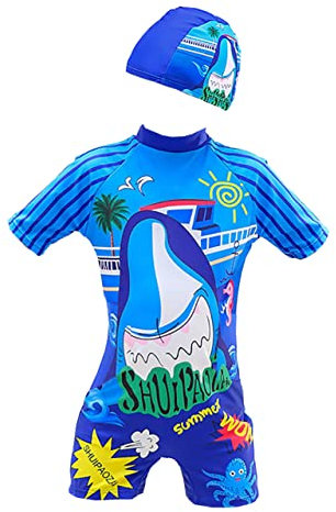 NautySaurs Boys Swimming Costume 2-11 Years Kids One Piece Swimsuit Dinosaur Shark Swimwear with Swim Cap (Blue Shark, 7-9 Years)