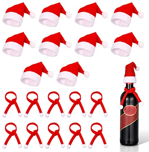 metagio 20 Stück Mini Weihnachtsmütze, Mini Weihnachtsschal, Weihnachts Besteckhalter, Besteckbeutel, für Weihnachtsfeier Süßigkeiten Flasche Tischdekoration