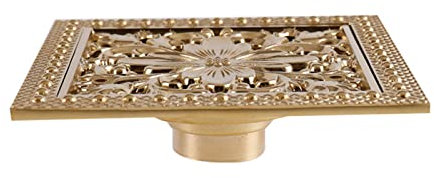 6 Zoll Dusche Bodenablauf, Quadratische Messing Bodenablauf Mit Abnehmbarem Deckel Gitterrost, Retro Blume Design Drain Gebaut Filter,Gold