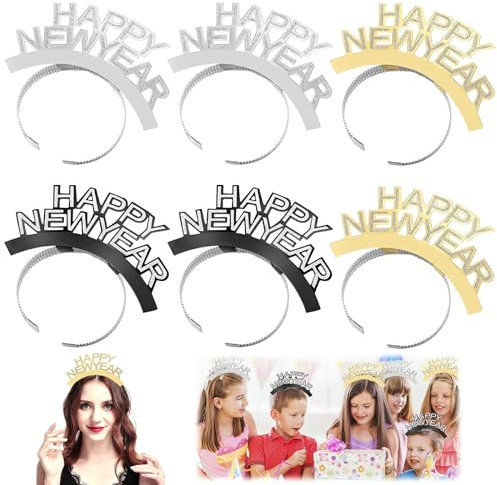 6 Stück Happy New Year Haarreifen, Happy New Year Stirnband Tiara, Silvester Haarreif Kopfbedeckung, Silvester Party Haarreif, Neujahr Fotorequisiten, Weihnachten Haarschmuck Party Kostüm Zubehör