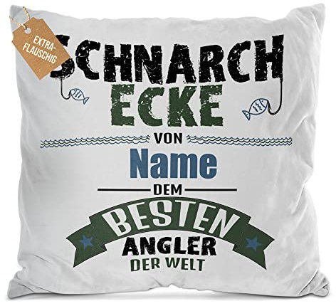 PR Print Royal Kissen mit Namen selbst gestalten - mit Spruch - Schnarch-Ecke vom besten Angler - Geschenk für Angler, Fischer und Fans vom Angelsport | Weiß Flauschig, inkl. Kissenfüllung, 40 x 40 cm