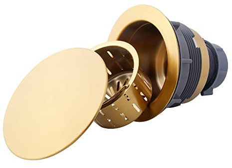 Lonsince Siphon d'évier de cuisine doré, ouverture de 8,9 cm, filtre doré avec panier à déchets profond amovible et couvercle plat décoratif