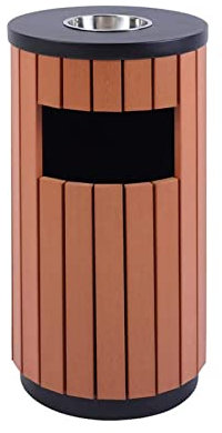 LSHTAR Poubelle d'extérieur, poubelles de jardin en acier à rayures en bois de café avec cendrier, poubelles rondes sur pied, poubelles de recyclage