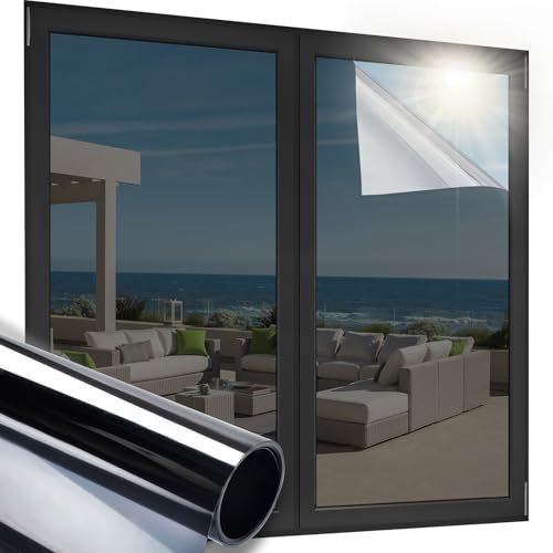 OFHome Spiegelfolie tönungsfolie Selbstklebend, Fensterfolie Blickdicht von Aussen, UV-Schutz Sonnenschutzfolie, Wärmeisolierung Sichtschutz, scheibentönungsfolie mit Kleber, Schwarz Silber 40x300cm