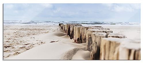 Pixxprint Glasbild Panorama, Wandbild aus Echtglas, Nahaufnahme Steg aus Holzpföcken am Meer, 120x50 cm, inkl. Aufhängung und Abstandshalter