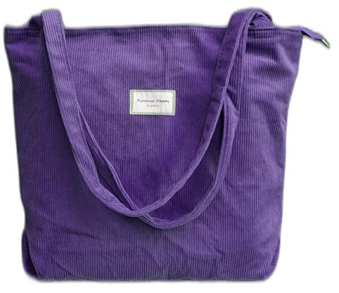 Florence Happy @ England Cambridge ElChic - Borsa tote in velluto a coste spesso con cerniera, elegante, resistente e impermeabile, Lavanda scura, Large