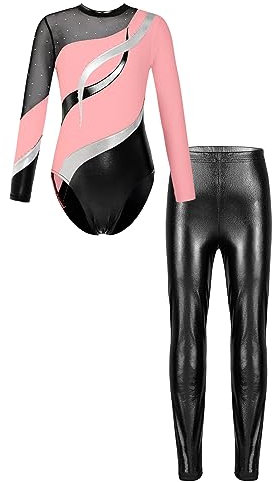 iEFiEL Mädchen Turnanzug Langarm Gymnastikanzug Langarm Leotard Metallic Tanzbody Glänzende Leggings Lang Sporthosen Rosa + Schwarz 146-152