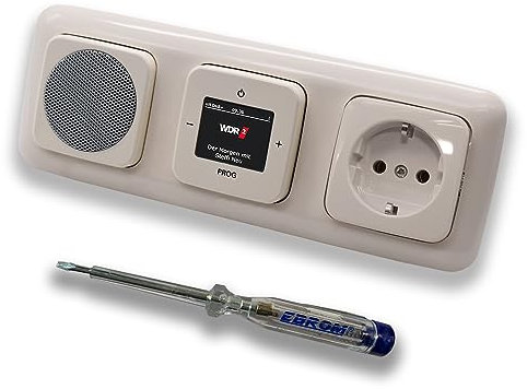 Busch Jäger DAB+ (DAB PLUS) Unterputz Radio 8215U-101 DURO2000 cremeweiß, Komplett-Set mit Lautsprecher, Abdeckungen, Steckdose, Rahmen + EBROM Phasenprüfer zur Montage der Geräte - 8215U