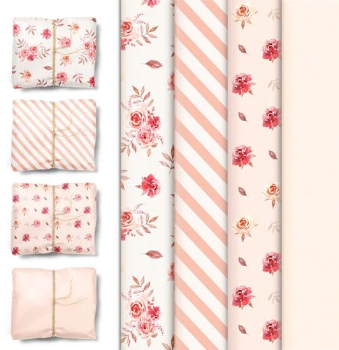 NICROLANDEE Rose Gold Tissue Wrapping Paper 24 Sheets, Vintage Flower Boho Gift Wrap Tissue 20X15, Tissue Gift Wrap Paper Bulk for Valentine's Wedding Birthday Girl's Party Decoration