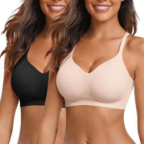 Vertvie Nahtloser BH Damen Ohne Bügel Bequeme Push Up Soft BH V Ausschnitt Weicher Bustier Seamless Bra Ultrakomfortable Gepolstert Bralette T-Shirts(2pc: Beige/Schwarz,M)