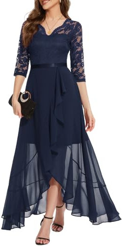 Bbonlinedress Abendkleider Langarm elegant Damen Spitze Chiffon V-Ausschnitt Brautjunferkleid Party Abschlusskleid festliches Ballkleid Navy M