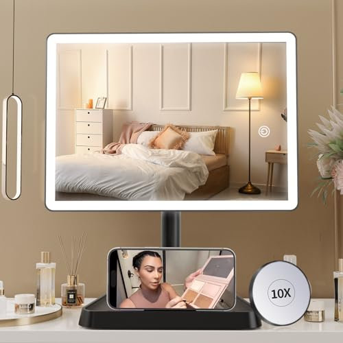 FASCINATE Grande specchio da trucco illuminato con 96 luci LED, batteria al litio ricaricabile (nero)