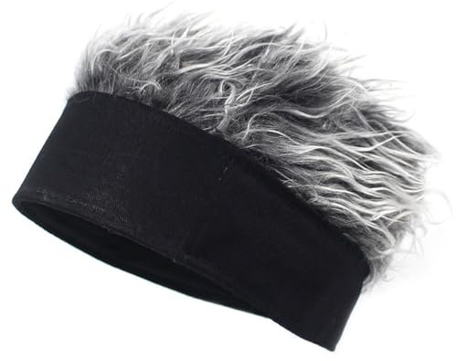 Saisifen Uomo Cappello Senza Tesa Berretto con Capelli Finti Melone Cappello Ragazzo di Strada Stile Hip-Hop(Fascia Nera Capelli Grigi)