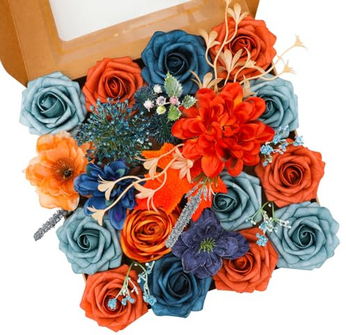 Floweroyal Künstliche Blumen Combo Orange Blumen Mix Seidenblumen Dahlie Rosen mit Stielen für DIY Hochzeit Brautsträuße, Babyparty, Blumenarrangement, Tischaufsätze, Heimdekorationen
