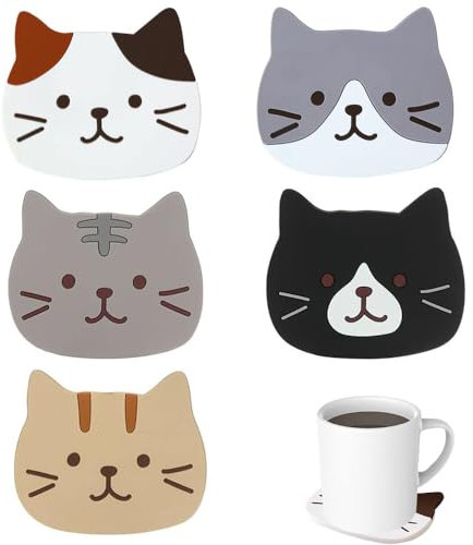 5 Stück Katze Untersetzer Silikon, Katzen Untersetzer, Süßen Cartoon-Katzen, rutschfest Hitzebeständige Katzenuntersetzer für Wein, Glas, Tee, Getränke, Bier, Haus, Küche Dekor und viele Mehr