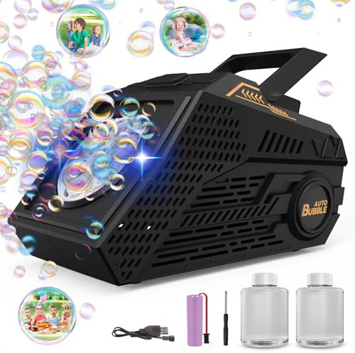PANACARE Seifenblasenmaschine, Automatische Seifenblasenmaschine 10000+Blasen/Min mit Wiederaufladbare Akku|2*Seifenblasenlösung|Bunte Lichter, Tragbar Bubble Machine für Geburtstag, Party, Hochzeit