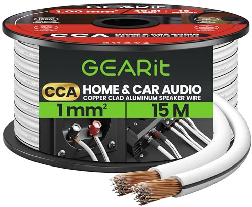GearIT 18 Gauge 2x1mm² Speaker Cable CCA Wire (15m - White) Copper Clad Aluminum - Great for Hi-Fi Home Theater and Car Speakers - 18awg