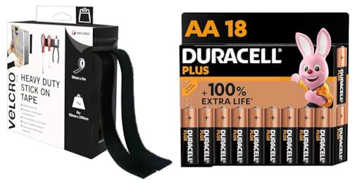 VELCRO Brand Heavy Duty Stick On Tape Cut-to-Length Industrial Extra Strong Double Sided Hook & Duracell Plus AA Batteries (18 Pack) - Alkaline 1.5V - Up to 100% Extra Life - Reliability for Every