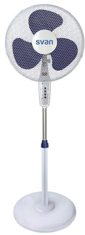 SVAN Ventilador de Pie Blanco y Azul, 16, 40W, SVP401600MOBA. 3 Velocidades, Temporizador de 450 min, 3 Aspas, Mando a Distancia, Soporte Base Redonda
