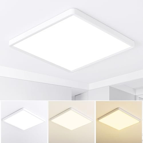MOONSEA 40W LED Deckenleuchte Flach, Quadrat Deckenlampe 3 Farben 3000K/4000K/6000K, Ultra Dünn Deckenleuchte Eckig für Wohnzimmer Schlafzimmer Kinderzimmer Küche, Ø40cm, Weiß