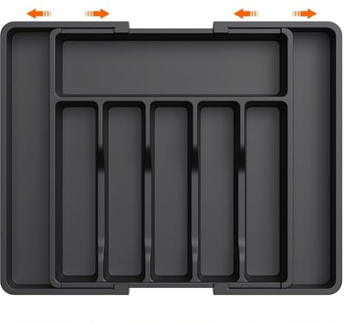 Organizador de Cubiertos, Bandeja Extensible, Cubertería Ajustable y Compacto para Utensilios de Cocina, Organizador para Cajón, Grande, Negro
