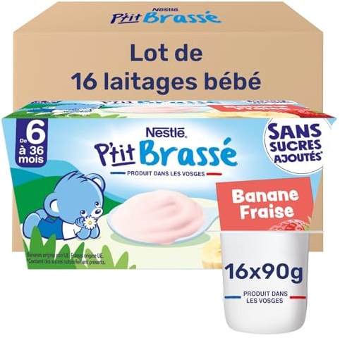 Nestlé - P’tit Brassé Banane Fraise - Alimentation Bébé 6 Mois et Plus - Dessert Bébé au Lait Entier - Laitage Source de Calcium - Sans Sucres ajoutés - Produit en France - 4 x 90g