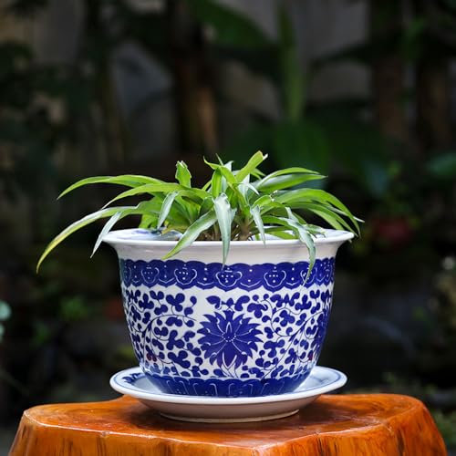 WDSOPK Pot de Fleurs en Porcelaine Bleu et Blanc de Style Chinois, urne, poterie avec Plateau, Pot de Fleurs Artisanal, décoration de Chambre, décoration en Porcelaine de Jingde,G-34 * 23cm