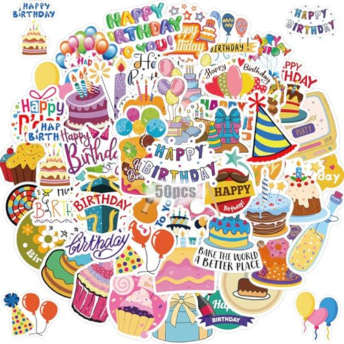 Crrynuo 50 Stück Sticker Set, Wasserdicht Vinyl, Selbstklebend, Geburtstag, Multicolor, Kindlich, Sticker