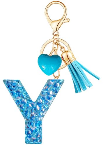 Vorysum Porte-clés Bleu avec initiale lettre porte-clés Cœur porte-clés fille initiale cadeau gland or -porte clef femme-Y